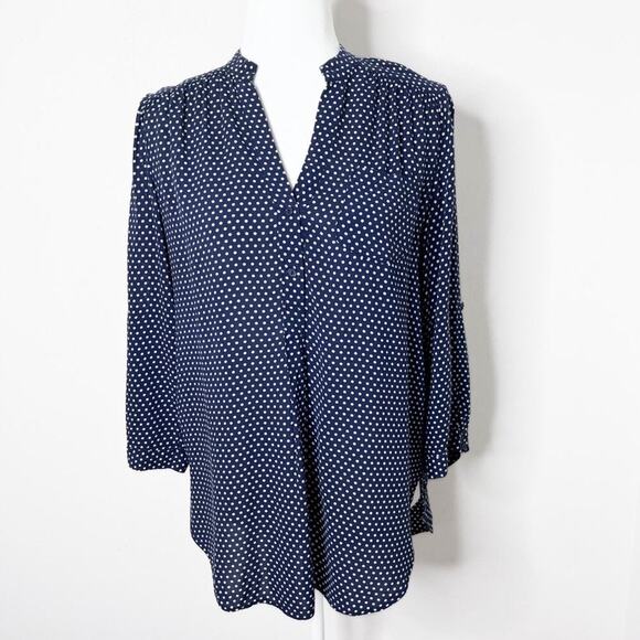 Market & Spruce Women's Top S Blue & White Polka Dot Roll Tab Sleeve 1/4 Button - Picture 2 of 9